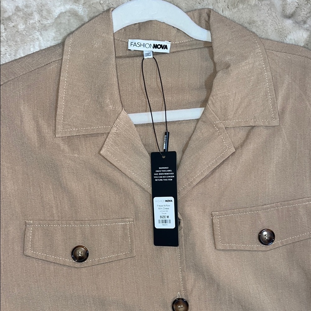 Fashion Nova Tan Button-Up Dress with Belt - Picture 3 of 7